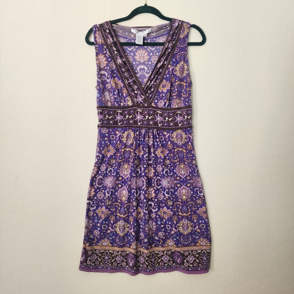 Max Studio Purple Paisley Floral Empire Waist V-Neck Dress Womens Medium A9D6W54